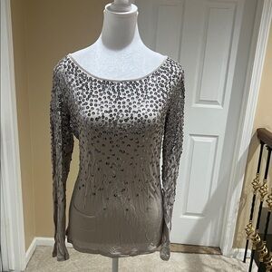 INC International Concepts Sequin Long Sleeve Blouse - Silver